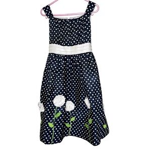 American Princess Girls Navy Polka Dot Dress with White Floral Accents